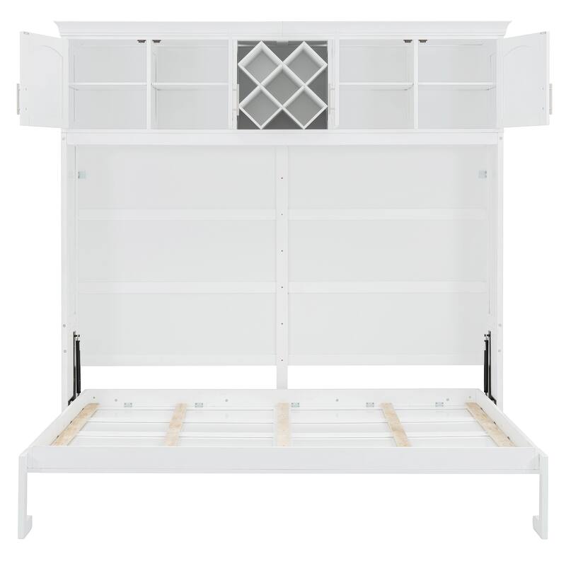 Queen Wall Bed with Upper Storage Cabinets and Built-In Wine Rack, Folding Murphy Bed with Slatted Base