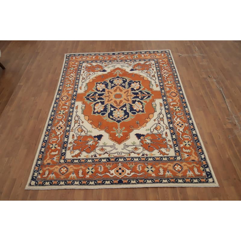 Hand Knotted Oriental 100% Wool Carpet Traditional Medallion Oranges & Rust Heriz (serapi) Area Rug - 8' 4'' X 5' 9''