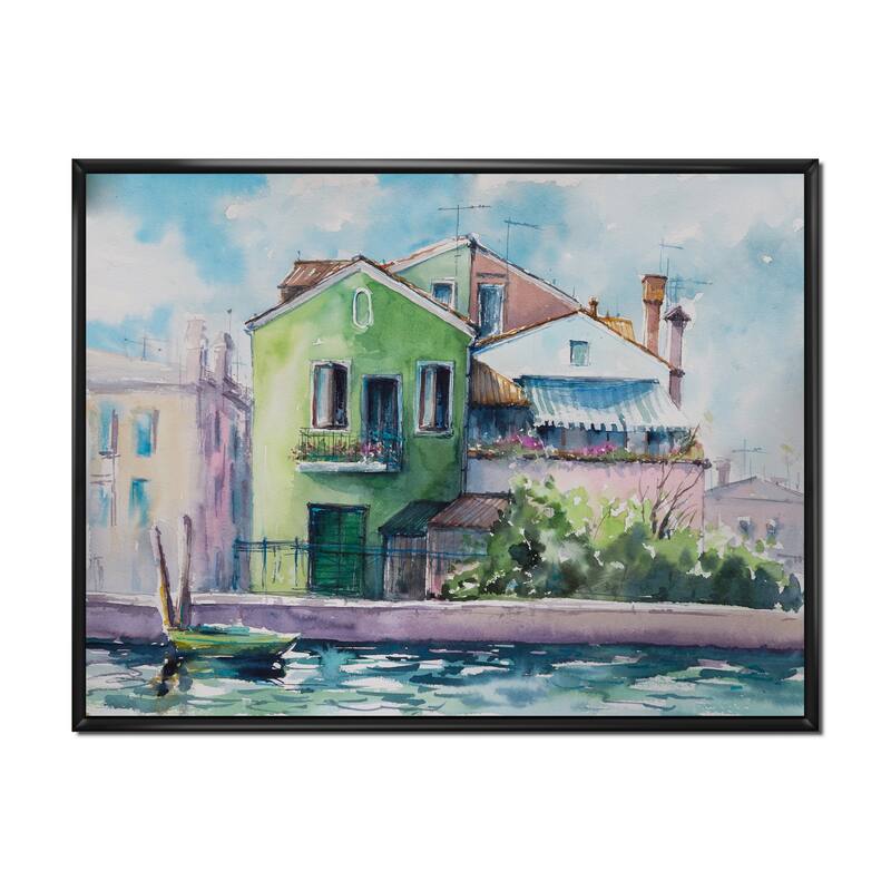 Designart "Sunny Day On The Waterfront On The Island" French Country Framed Canvas Wall Art Print