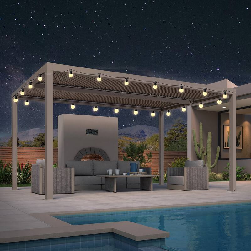 PURPLE LEAF Louvered Pergola with Solar Lights Hardtop Gazebo for Patio - 10' x 15' - Champagne