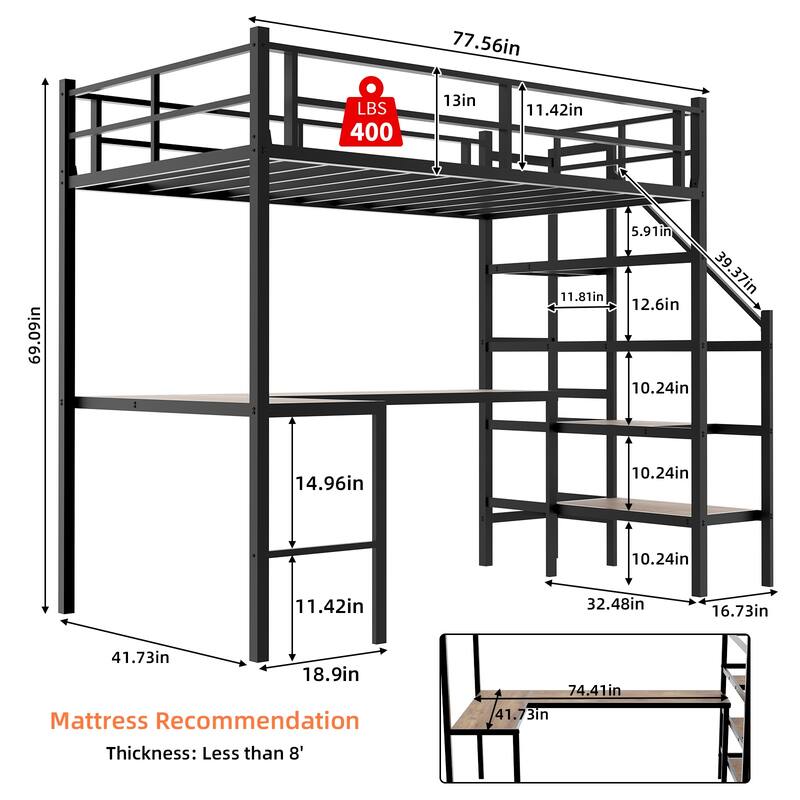 Roomfitters Loft Bed with L-Shaped Desk, Stairs and Storage, Metal Frame with Guardrails, Space-Saving Design
