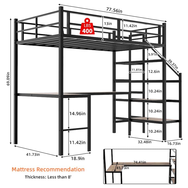 Twin Metal Loft Bed with L-Shaped Desk, Storage Stairs, 360掳 Guardrails, Shelves & Pegboard, Space-Saving Design