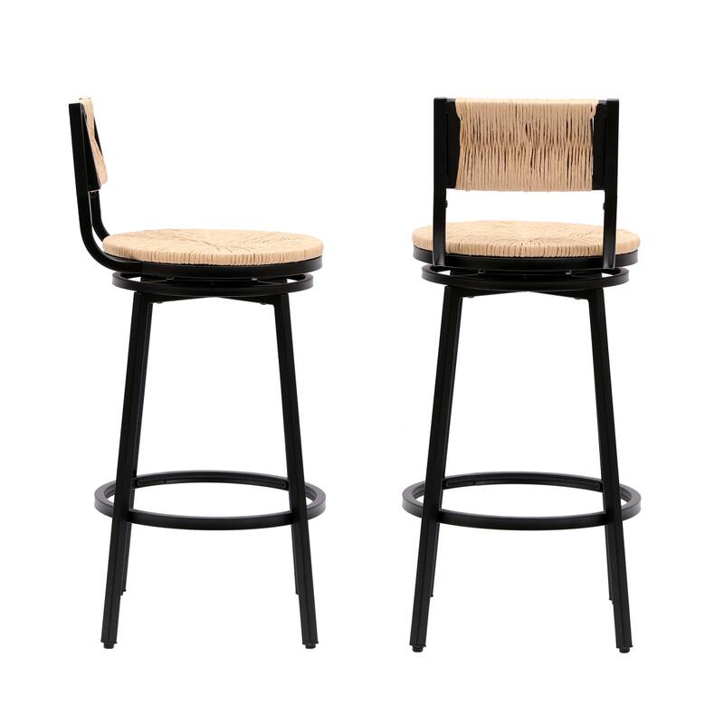 Swivel Counter Height Bar Stools Set of 2, Bar Height Stools, Paper Rope Woven Bar Stools, Farmhouse Island Chair w/ Metal Frame