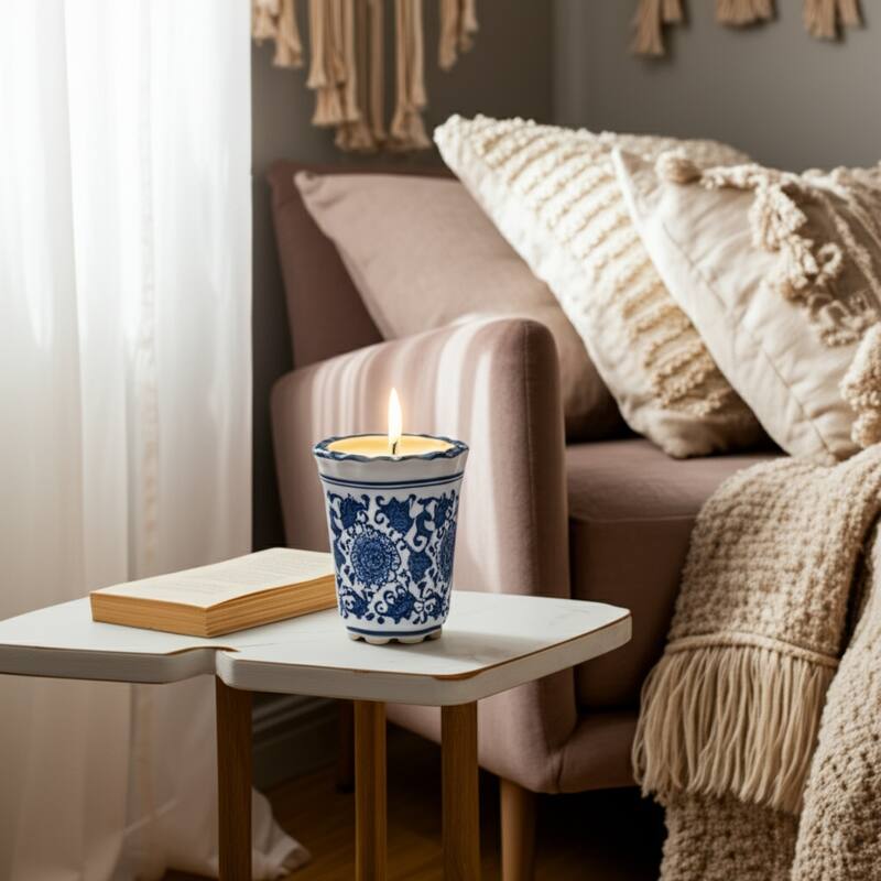 Modern Chinoiserie Ceramic Candle - Jasmine Scented Candle - 5.0"