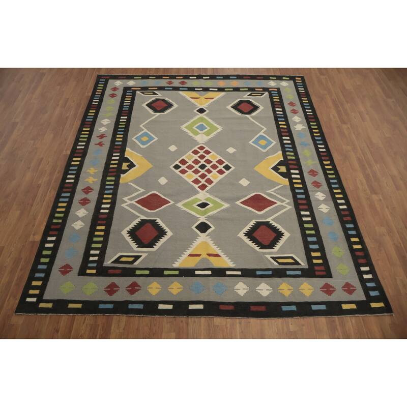 Hand Woven Oriental 100% Wool Carpet Southwestern Tribal Greys & Charcoal Kilim Area Rug - 10' 0'' X 8' 5''