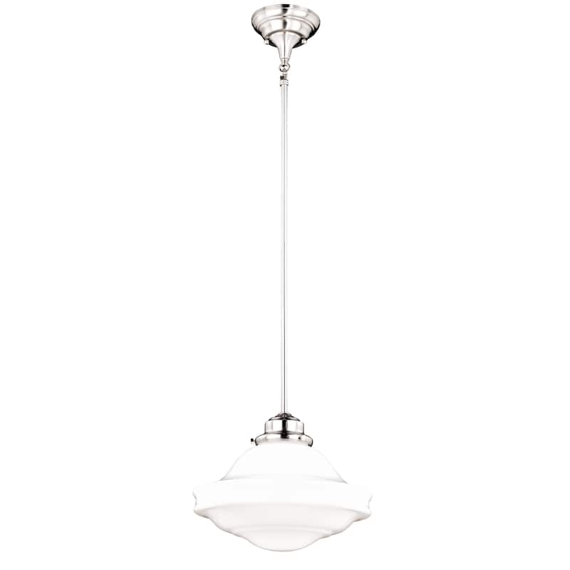 Huntley Satin Nickel Farmhouse Milk Glass Schoolhouse Pendant Light - 12-in W x 14.75-in H x 12-in D - Satin Nickel - 12-in W x 14.75-in H x 12-in D