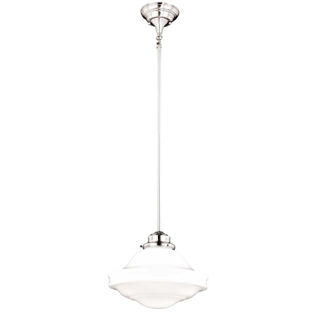 Huntley Satin Nickel Farmhouse Milk Glass Schoolhouse Pendant Light - 12-in W x 14.75-in H x 12-in D