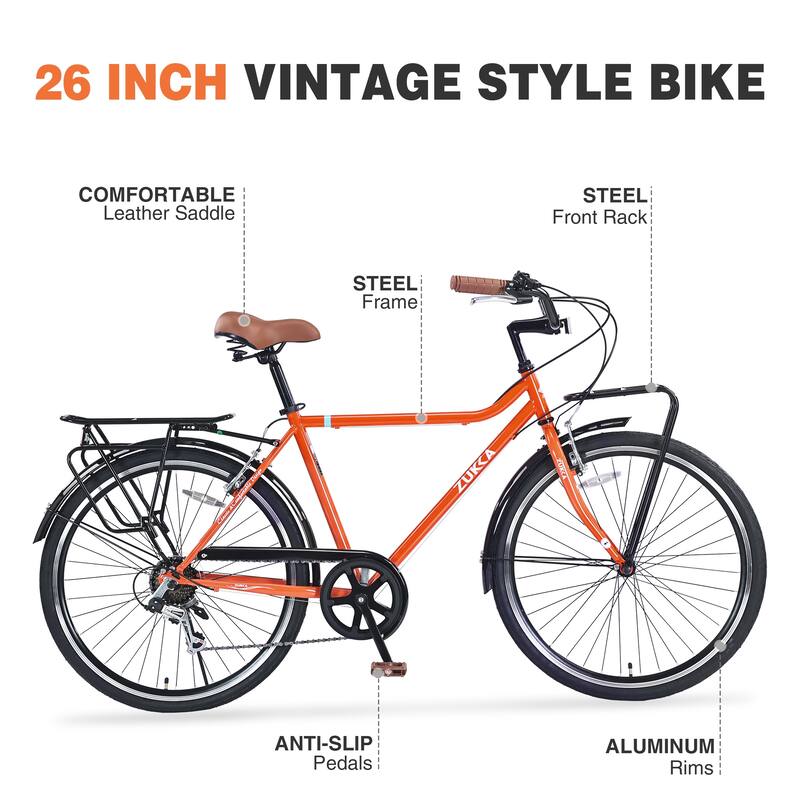 26-Inch Vintage Style Bike with Steel Frame, Shimano 7-Speed, Double V Brakes, and Retro Design for Adults