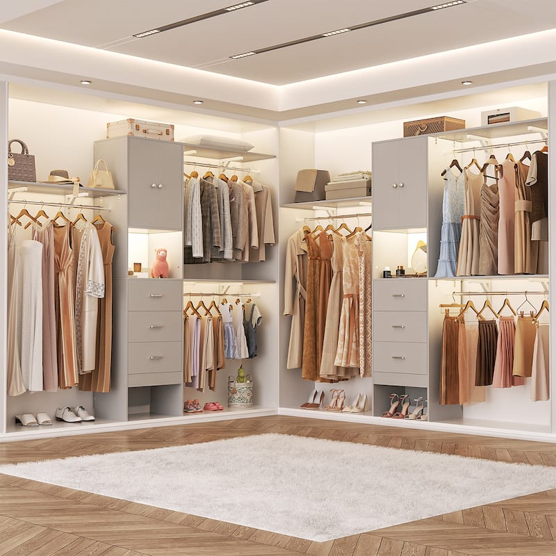 20''-96'' Wide Wooden Closet Organizer With Doors, Adjustable Closet System with Drawers and Hanging Rods