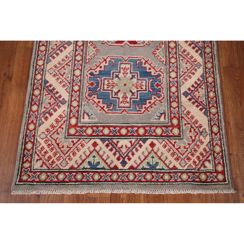 Gray Kazak Oriental Runner Rug Hand-Knotted Hallway Wool Carpet - 2'6" x 20'0"