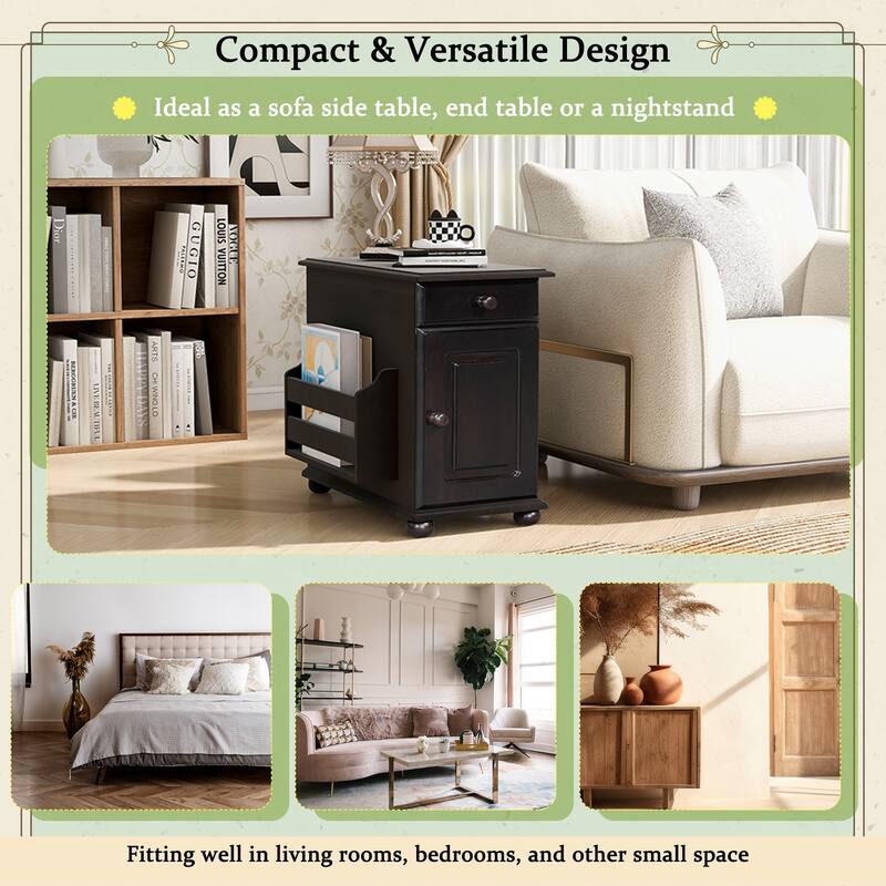 Vintage End Table Flip Top Side Table with USB Ports, One Multifunctional Drawer with cup holders, Sofa Couch Table w/ Bookshelf