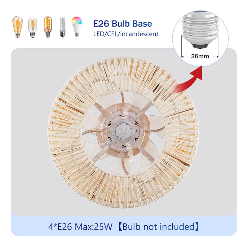 20" Rope Caged Ceiling Fans with Remote and Low Profile Chandelier 6 Speed, NOT Included Bulbs