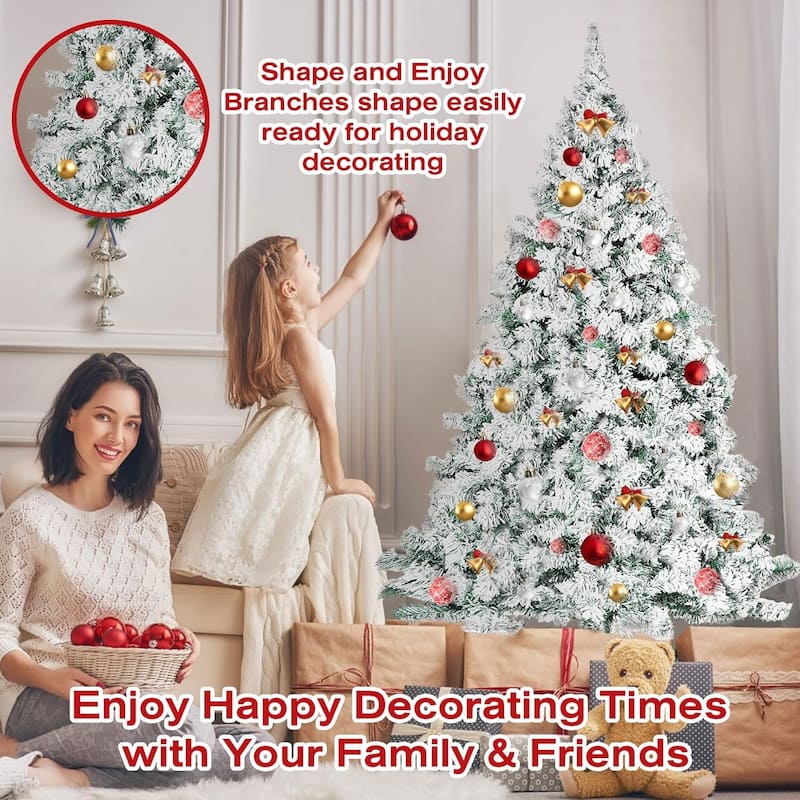6ft-7ft Artificial Snow Flocked Christmas Tree with Metal Stable Stand Base for Indoor and Outdoor Holiday Decoration