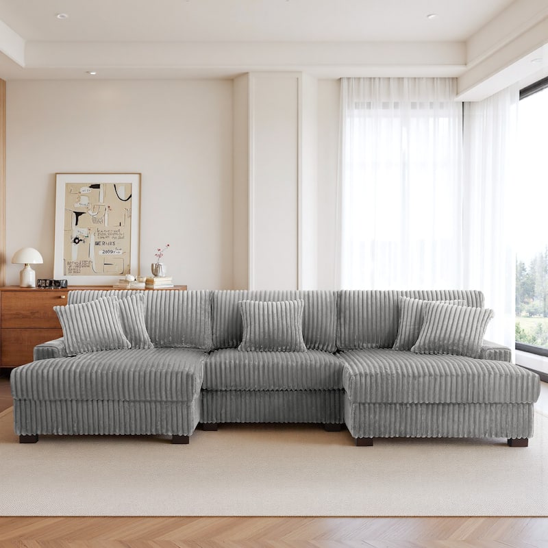 118.3" W U-Shape Plush Corduroy Upholstered Comfy Cloud Sectional Sofa - Light Grey