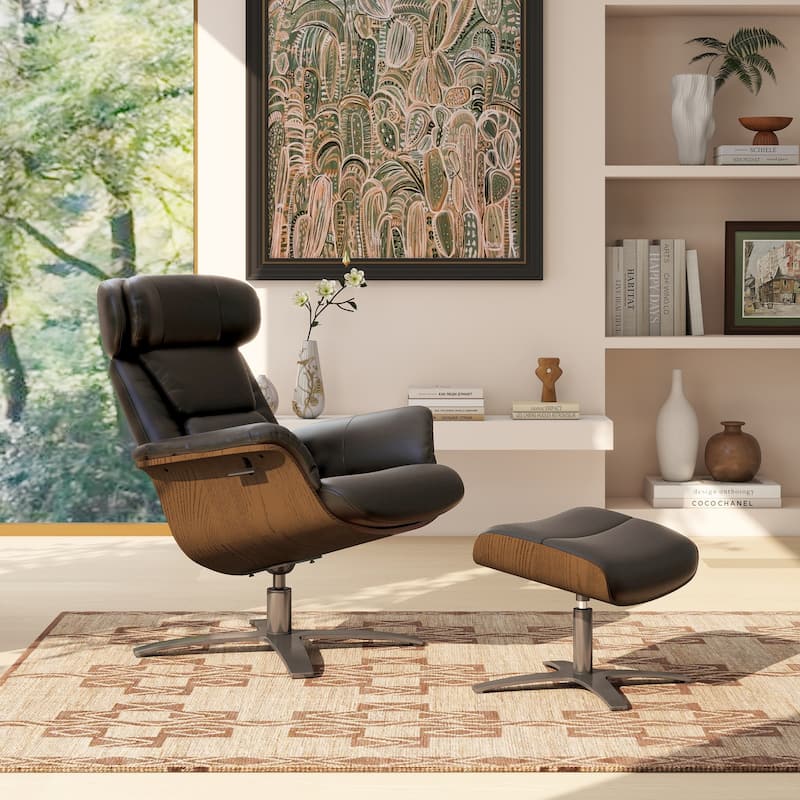 Jovan 31.5" Genuine Leather Recliner Lounge Chair with Ottoman
