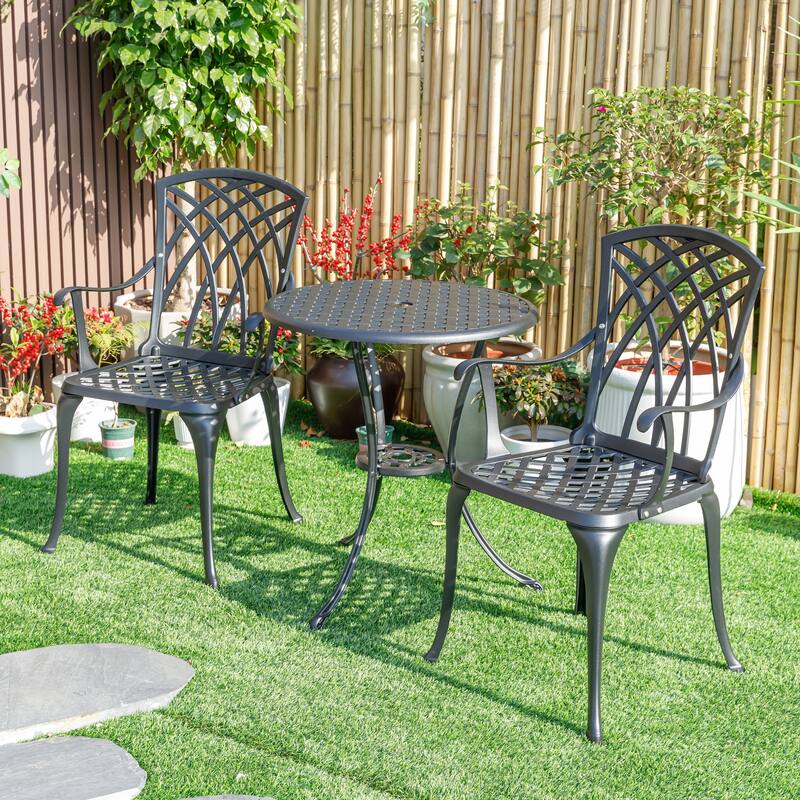 3-Piece Cast Aluminum Outdoor Bistro Set with LED Lights - 35" - Black