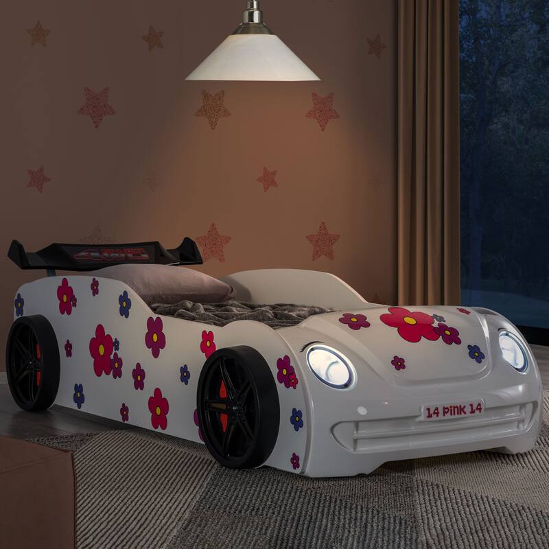 Furniture of America Isola Modern White Twin Race Car-Shaped Platform Bed with LED Headlights and Sound