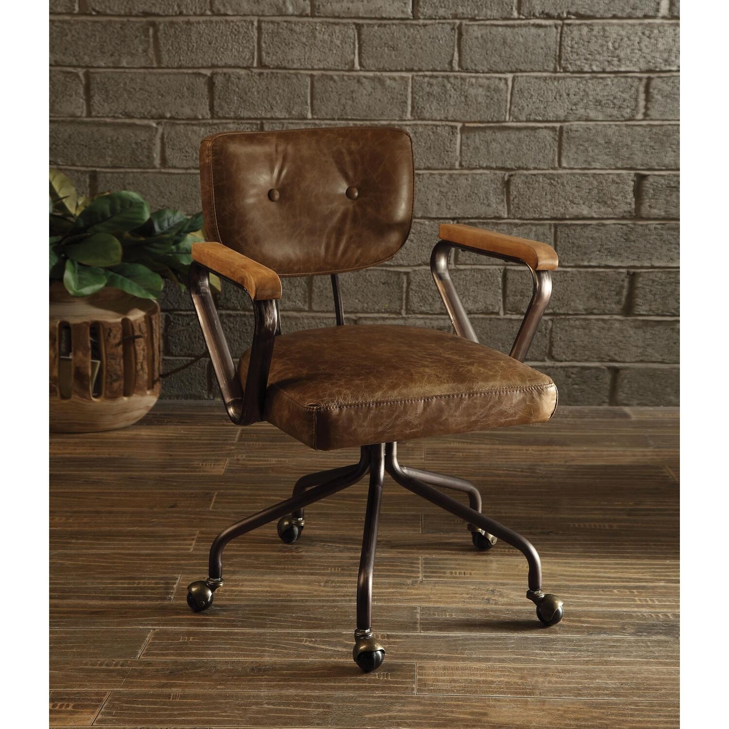Vintage Whiskey Leather Executive Office Chair with Button Tufted Back, Swivel Base and Rolling Casters - Brown, image size:1500x1500