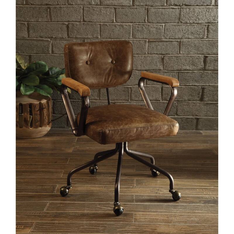 Vintage Whiskey Leather Executive Office Chair with Button Tufted Back, Swivel Base and Rolling Casters
