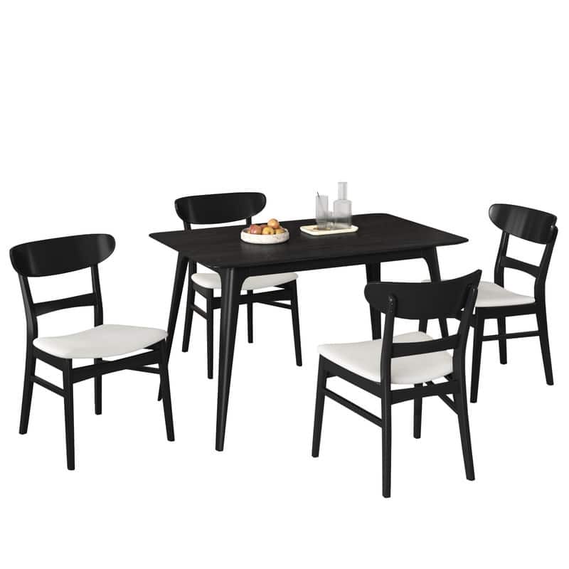 Mid-Century Modern 5-Piece Dining Set - Rubberwood & Upholstered Chairs