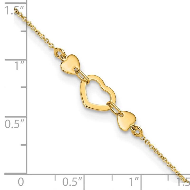Curata Women's 14k Yellow Gold Polished Heart Anklet - 10 Inch