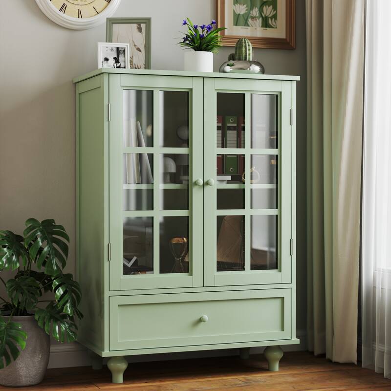 Buffet Cabinet with Double Glass Doors, Sideboard Cabinet with Drawer, Wooden Storage Cabinet with Adjustable Shelf - Green