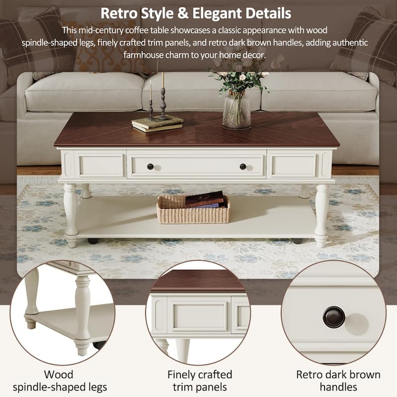 Farmhouse Coffee Table with One Drawer,Solid Wood Legs and Lockable Wheels