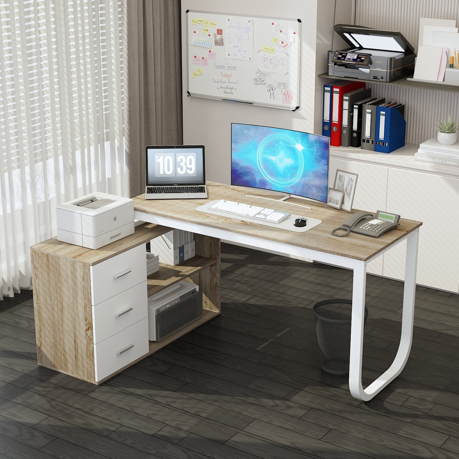 FUFU&GAGA 55.1 in. Width L-Shaped Brown Wooden 3-Drawer Commercial Desk, Computer Desk, Writing Desk with Shelves Storage