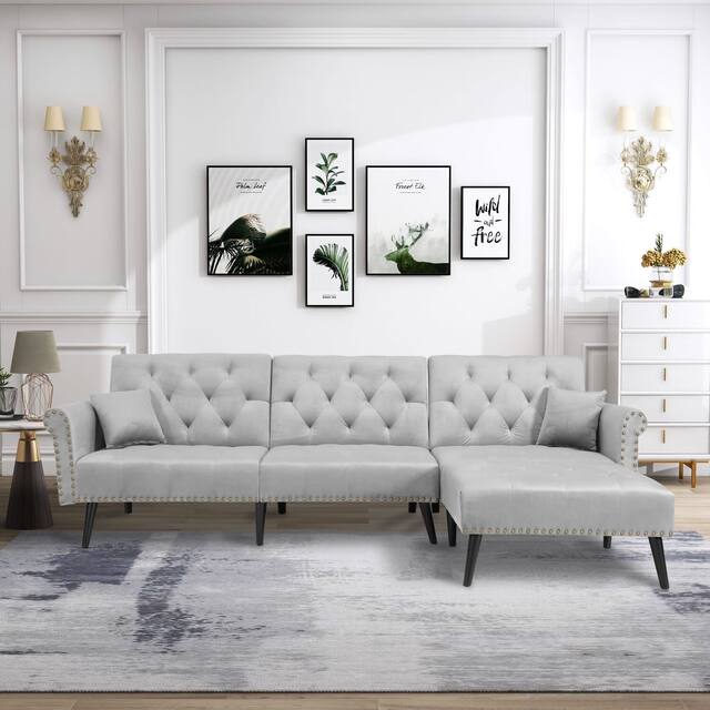 Velvet Convertible Tufted Sleeper Corner Sectional Sofa Bed - Grey