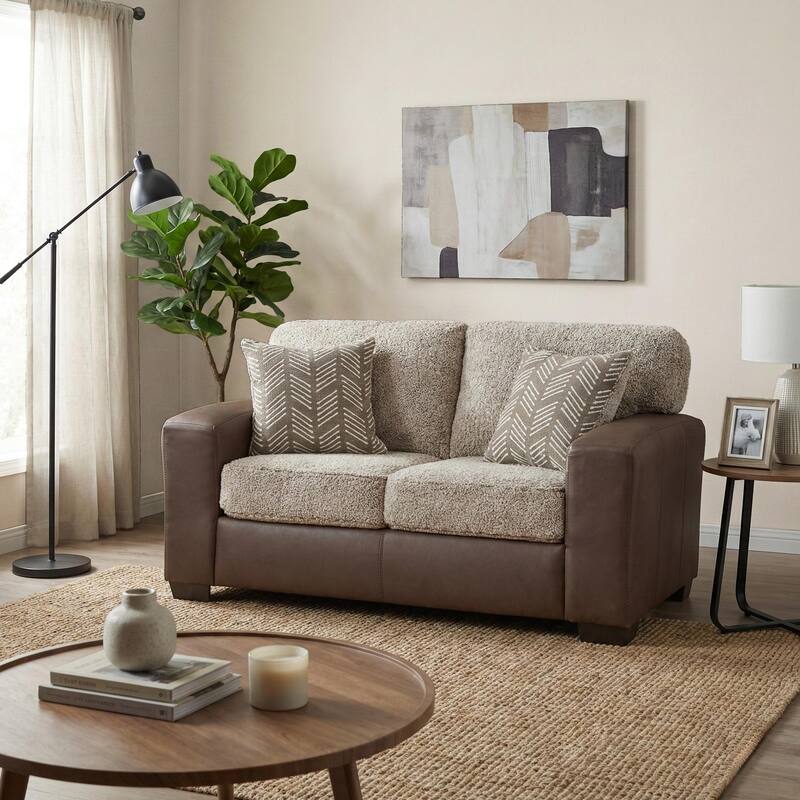 Roundhill Furniture Marvella Living Room Loveseat with Chocolate Faux Leather Upholstery and Curly Shearling Cushions