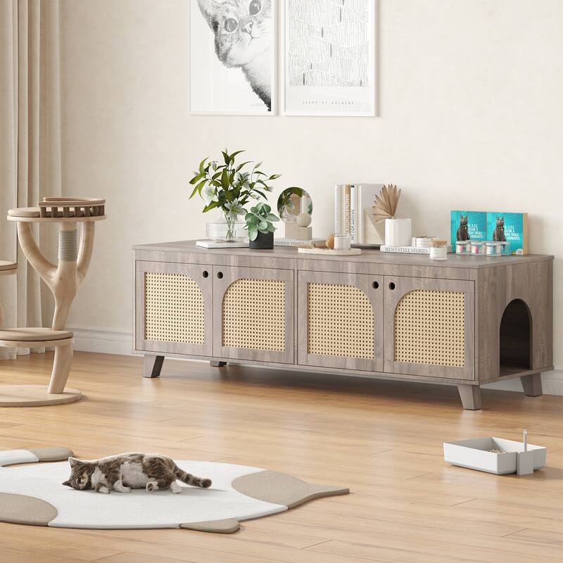 Anmytek Cat Litter Box Enclosure TV Stand Rattan Modern Hidden Furniture Console for Living Room
