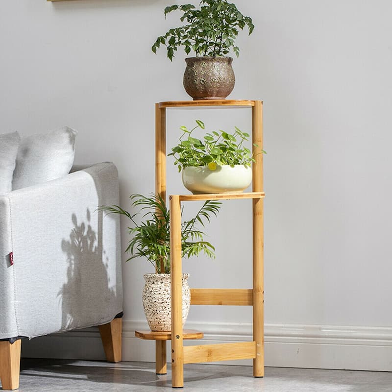 3 Tier Bamboo Tall Corner Plant Rack Garden - 13" L x 11" W x 30" H - Wood Color