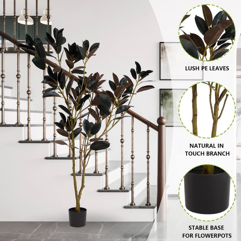 5.9FT Tall Artificial Rubber Tree, Faux Rubber Plant in Pot, Fake Greenery Floor Plant for Home Living Room
