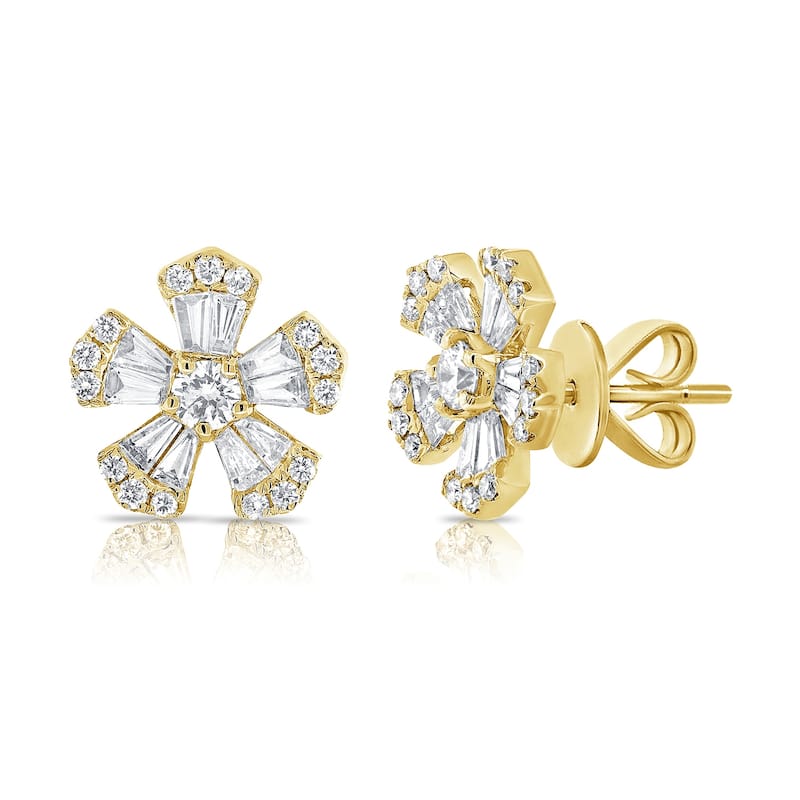 Joelle Collection Baguette Diamond Flower Stud Earrings 9/10 ct. t.w. 14K Gold