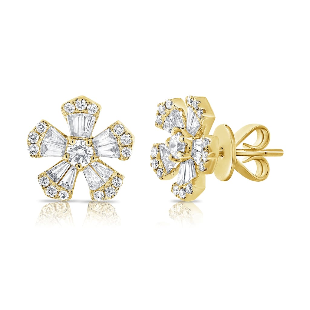 Joelle Collection Baguette Diamond Flower Stud Earrings 9/10 ct. t.w. 14K Gold