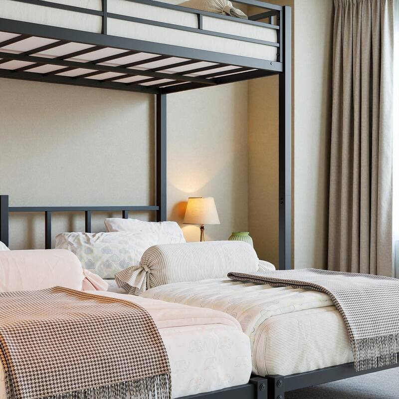 Metal Twin Over Twin Over Twin Triple Bunk Bed with Safety Guardrails, Ladder, Convertible 3 Beds, Heavy-Duty Frame