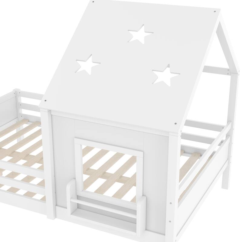 Full House Beds with Low-Profile Stairs and a Window, Solid Wood House Platform Bed with a Bookcase Design