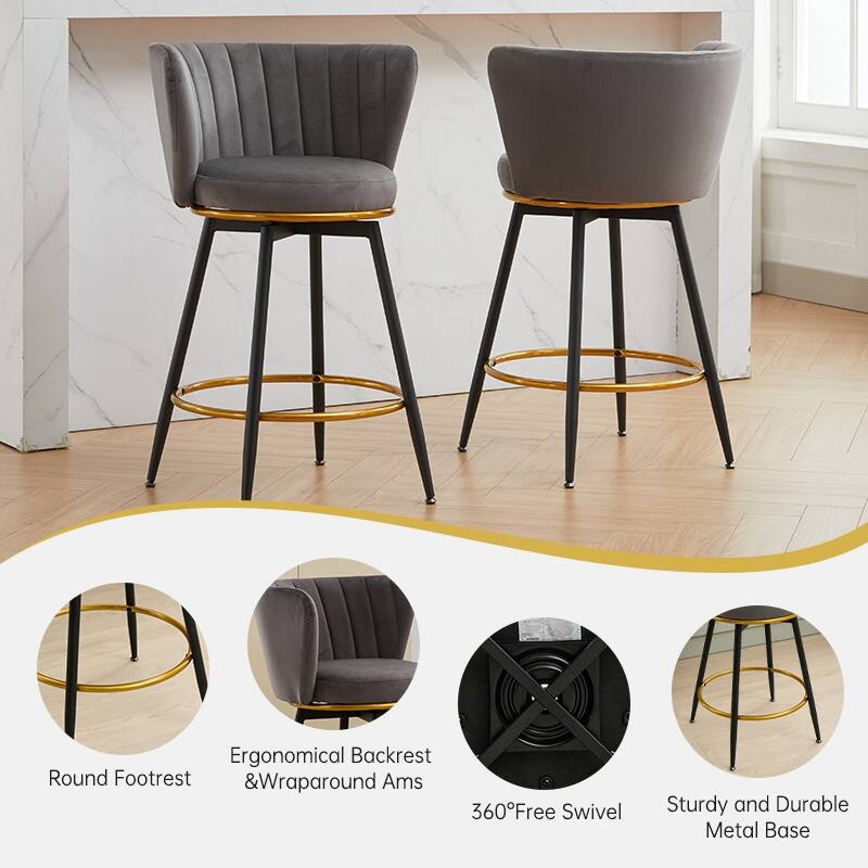 Modern Counter Height Bar Stools Set of 2 with Velvet Upholstery, 360° Swivel and Metal Base