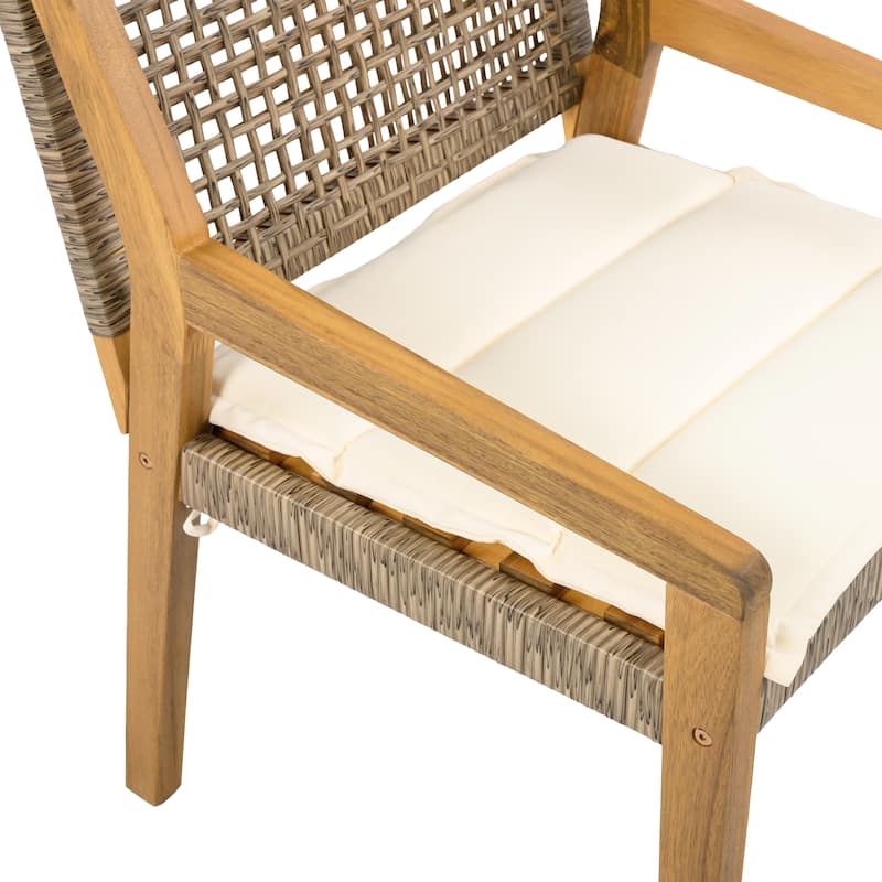 OUTDOOR DINING CHAIR -Acacia Wood & Wicker with Cream Cushion Patio Furniture-Teak finish & wicke Brown -MP2(set of 2)
