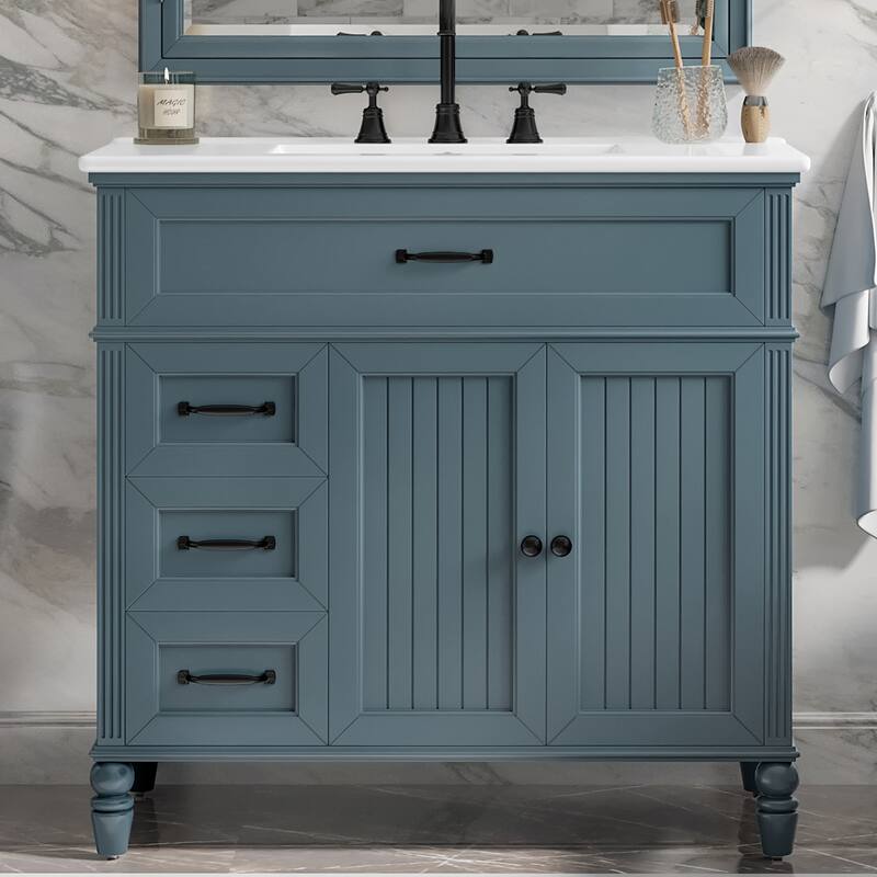 36" Bathroom Vanity with Ceramic Sink Blue Bathroom Cabinet with Drawers - Blue
