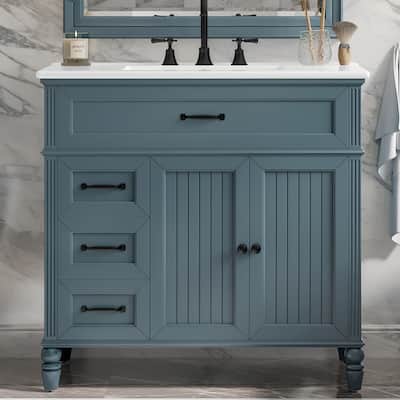 36" Bathroom Vanity with Ceramic Sink Blue Bathroom Cabinet with Drawers