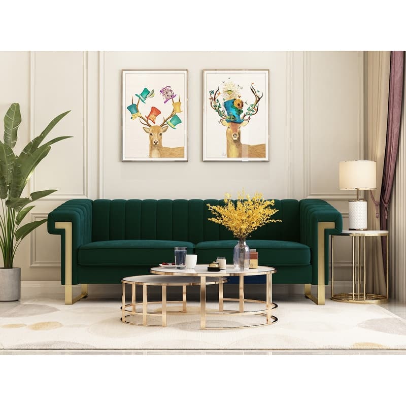 Velvet 3-Seater Sofa Living Room Couch Sofa with Deep Striped Tufting Sofa