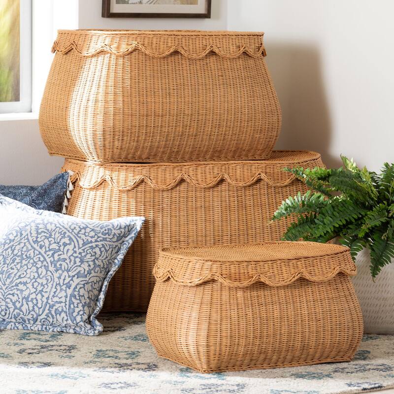 Ayleen Natural Rattan Basket Set with Scalloped Lids - Handwoven Wicker Storage Boxes, Boho Coastal Home Décor, 3-Piece Set