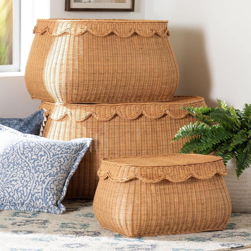 Ayleen Natural Rattan Basket Set with Scalloped Lids - Handwoven Wicker Storage Boxes, Boho Coastal Home Décor, 3-Piece Set