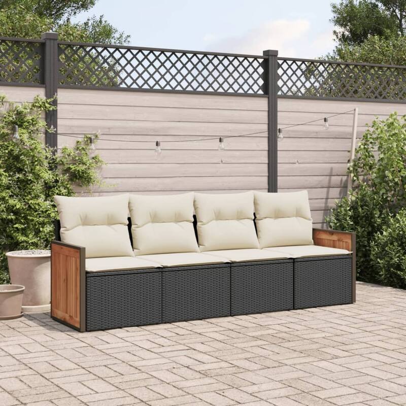 vidaXL Patio Sofa Set with Cushions Outdoor Conversation Furniture Poly Rattan - Black and cream without table - 24.4 x 23.2 x 27.2 in
