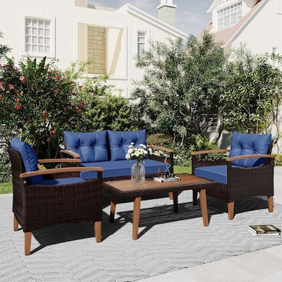 4-Piece Wicker Outdoor Sofa Set, Patio Seating with Wood Table and Cushions for Stylish Outdoor Living