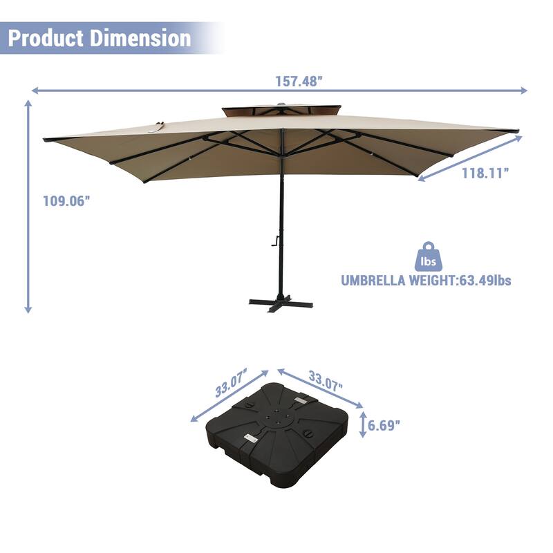 10 x 13ft Rectangular Double Top Cantilever Umbrella with Base & LED Lights
