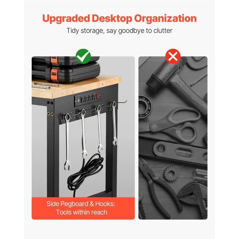 Black and Natural Oak Adjustable Height Workbench with Power Strip, Casters and Hooks - Black-Natural