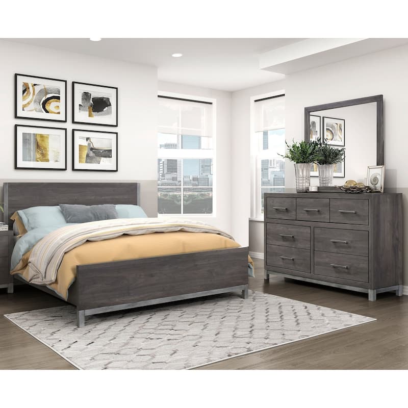 3pc Bedroom Furniture Brown Gray Finish Panel Bed Dresser Mirror Set