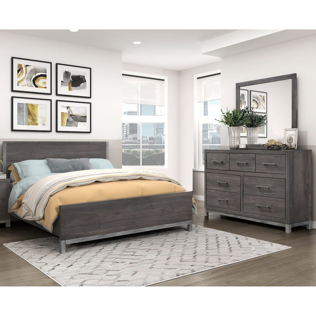 3pc Bedroom Furniture Brown Gray Finish Panel Bed Dresser Mirror Set